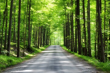 Green Forest Path With Sun Rays Through Trees