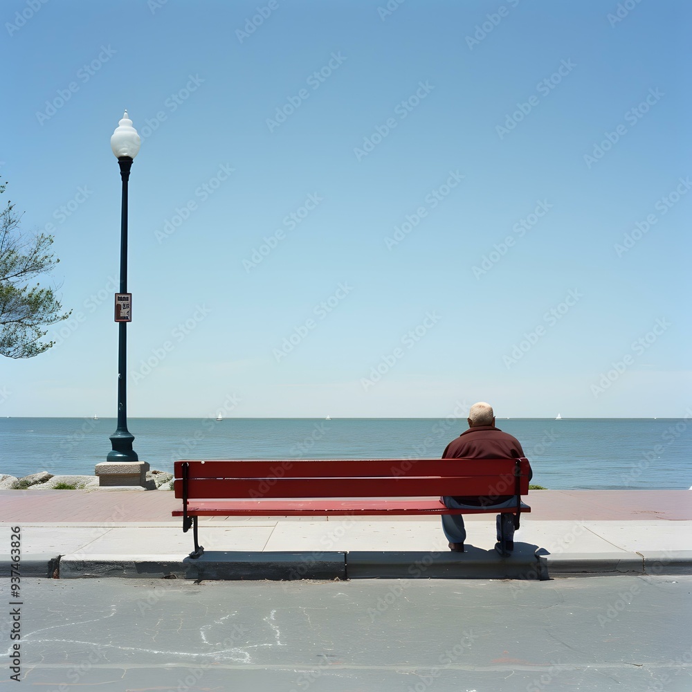 Sticker Man Sitting on Red Bench by the Sea