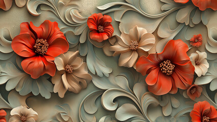 3D Floral Tile Background, Colorful, Seamless