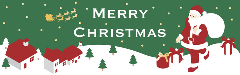 バナー　フレーム　クリスマス　アイソメトリック　サンタクロース　街並み　背景　イラスト素材