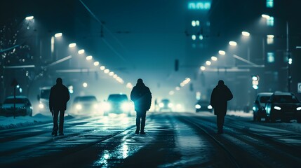 Three Silhouettes Walking on a Snowy Street at Night