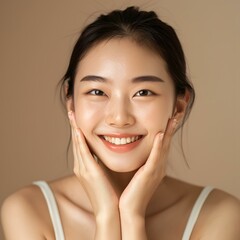 Portrait of Smiling Asian Woman with Hands on Face
