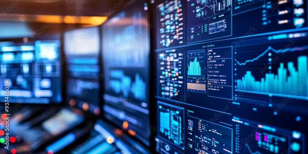 Poster network monitoring tools in action, alerts and performance metrics being analyzed in a control room