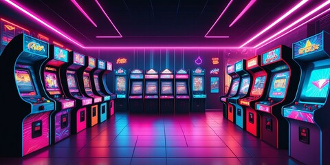 synthwave illustration of a gaming arcade background