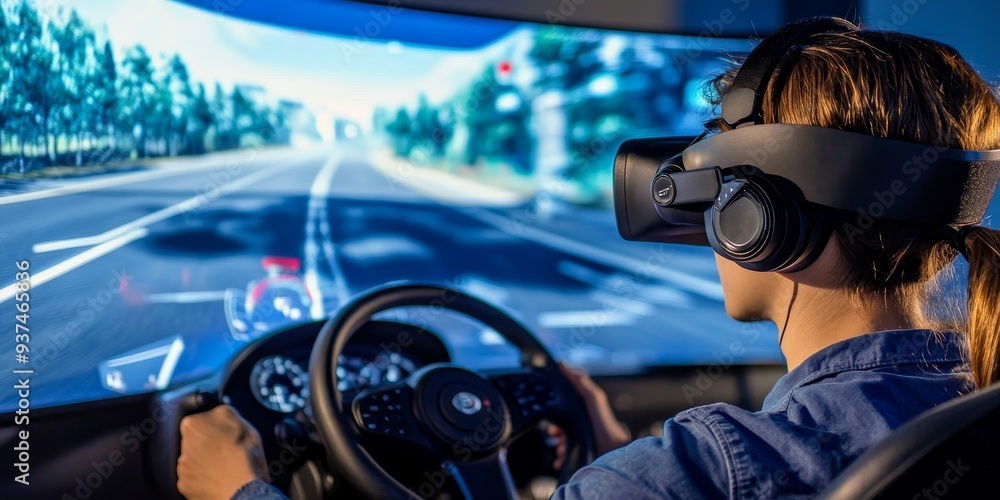 Poster detailed view of a vr driving simulation, dashboard and road visible through the headset, user learn
