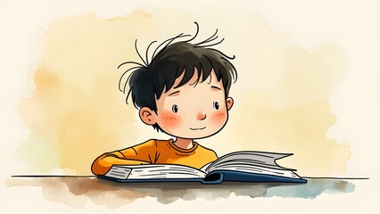 Young Boy Studying with Excitement and Concentration