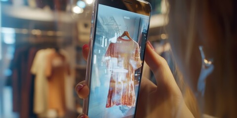 an AR shopping app, virtual clothing items overlaid on a live image of the user, enhancing online retail with try-before-you-buy technology