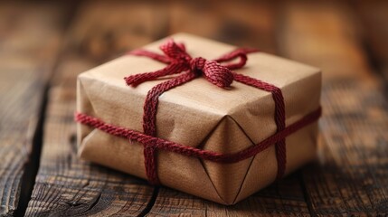 A beautifully wrapped gift in brown paper with red twine sits on a rustic wooden table, ready for a special occasion or celebration