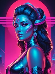 portrait of a goddess in synthwave illustration background