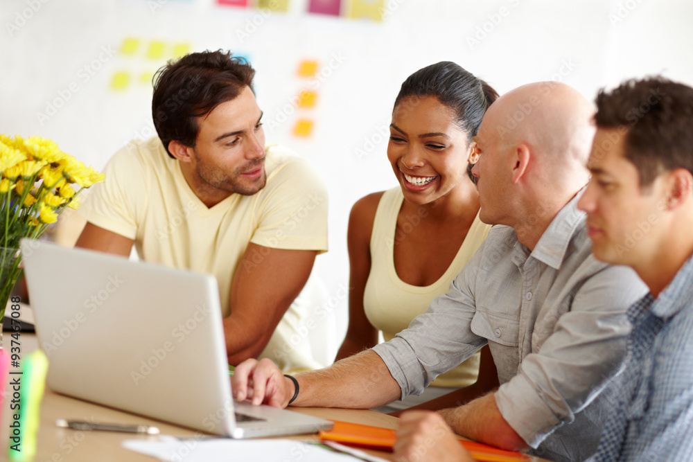Poster laptop, meeting and group of business people in office for creative project feedback, review or cons