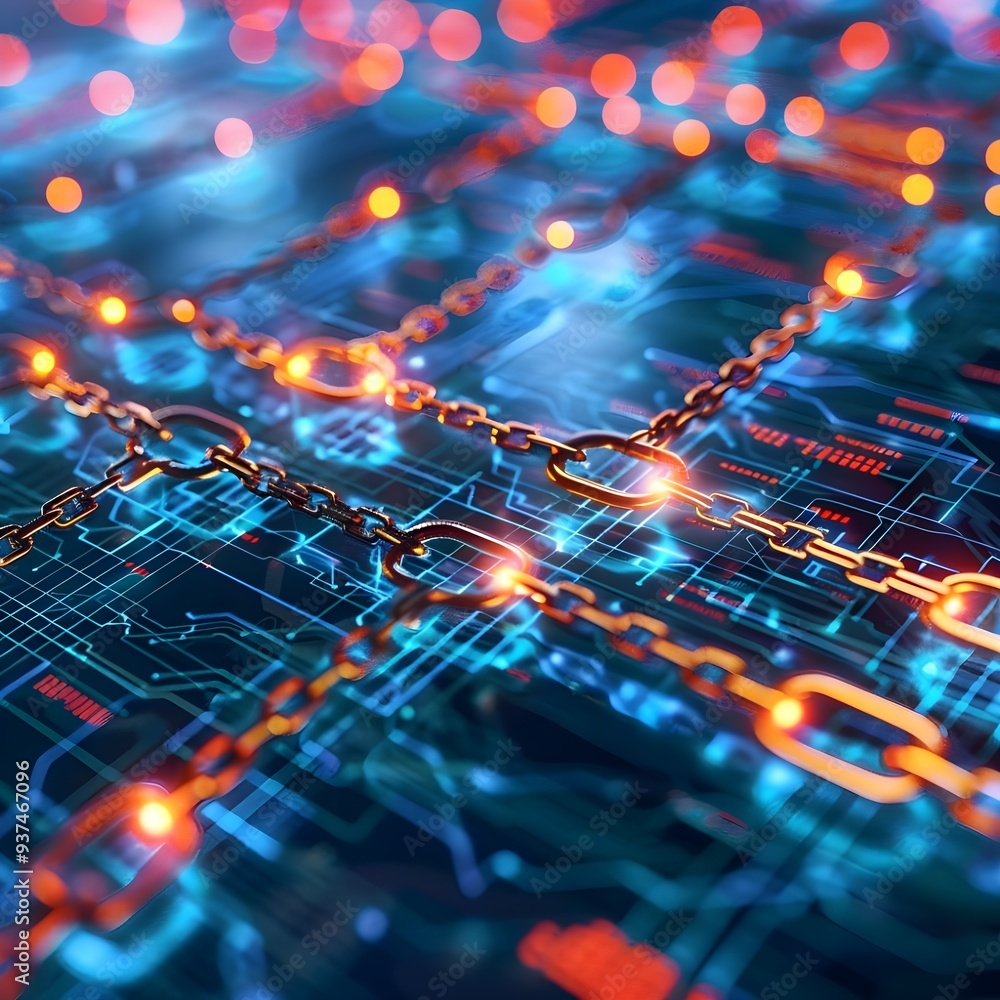 Poster a close-up of a digital circuit board with glowing pathways, representing advanced technology and el