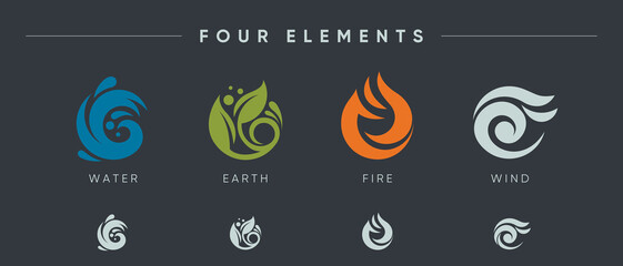 Four Elements fire water earth air Icons Set Logos