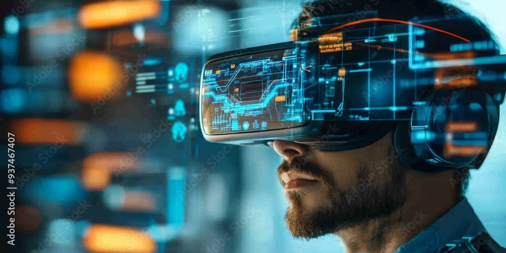 Poster an augmented reality interface within vr, digital elements overlaying the real world, seamless blend