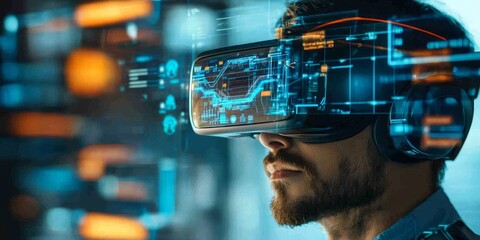 an augmented reality interface within VR, digital elements overlaying the real world, seamless blend of AR and VR technologies