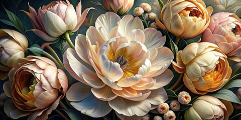 Dutch Masterpiece: Exquisite, highly detailed close-up of delicate petals and stamens, in a muted color palette with subtle, nuanced shading, evoking a sense of refined elegance.
