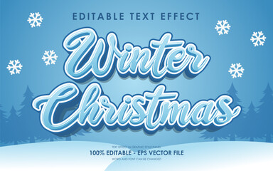 Editable Winter Christmas Text Effect with snow covered pine tree expanse background, perfect for Christmas theme designs. text effect in graphic style panel.