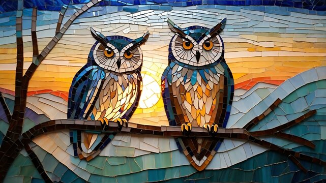 image of owls perched on a branch at dusk in glass mos background