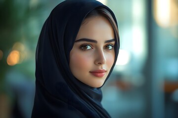 Beautiful Kuwaiti businesswoman wearing a black hijab, captured in an office setting