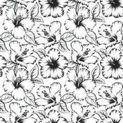 Beautiful tropical floral seamless pattern with hand drawn hibiscus flowers. Ready floral print design.