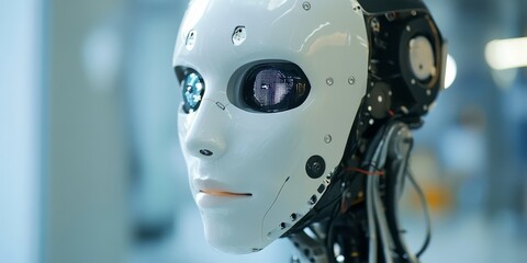 Fototapeta premium Detailed view of a humanoid robot's face, AI-powered recognition system active, lifelike expressions and high-tech design