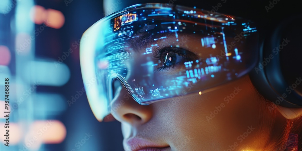 Poster macro shot of a vr headset displaying augmented content, holographic elements visible, user engaging