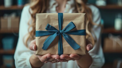 A person presents a beautifully wrapped gift tied with a blue ribbon in a cozy, well-lit shop filled with various decorative items