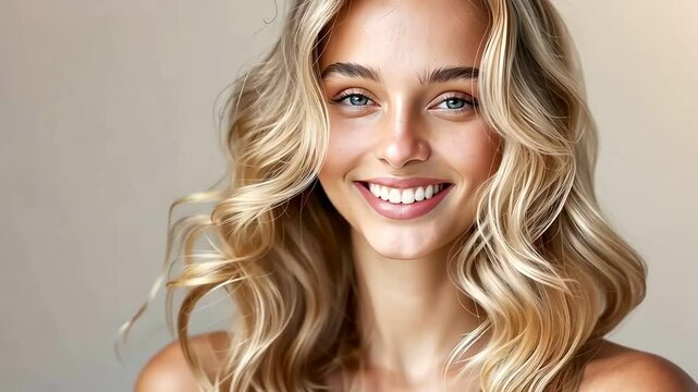 Beautiful smile blonde model girl with long curly hair