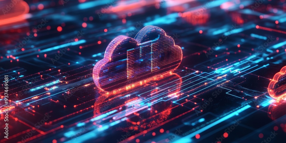 Poster cloud servers syncing with network devices, secure data transfer visualized with glowing pathways