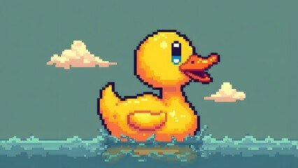 Pixel Art Duck Floating in Pond with Clouds