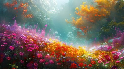 Fototapeta premium A Field of Colorful Flowers in a Sun-Drenched Forest Clearing