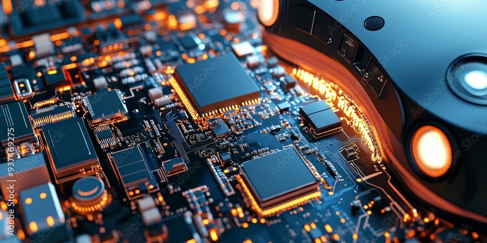 Poster the internal components of a vr headset, intricate circuitry and high-performance sensors, core of i