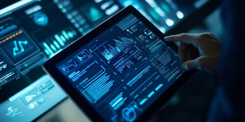 Focused image of a cybersecurity audit report on a tablet, detailed analysis of potential threats, safeguarding digital assets