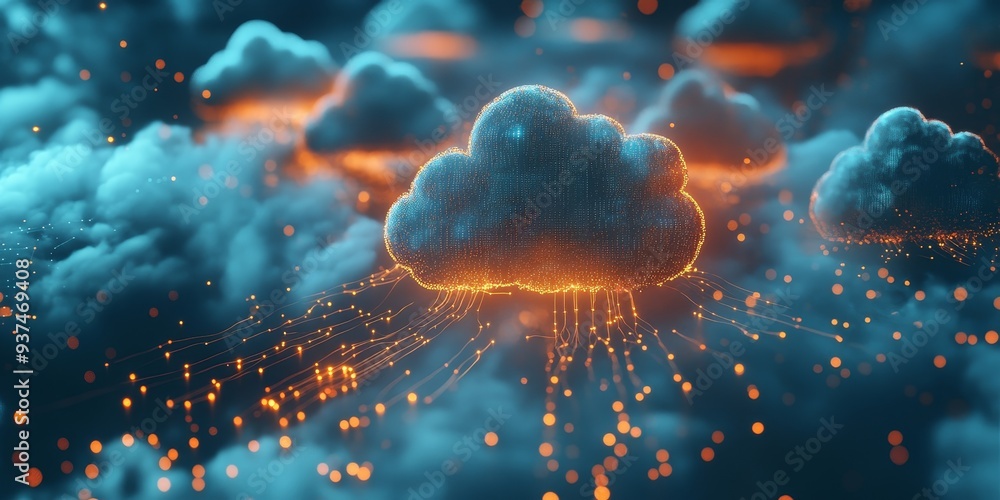 Poster cloud servers syncing with network devices, secure data transfer visualized with glowing pathways