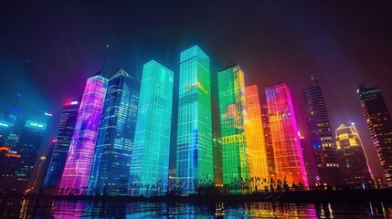 Fototapeta premium Illuminated Skyscrapers Reflecting in a City Waterfront at Night