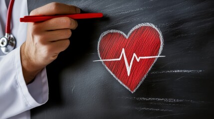 The doctor draws a heart with a heartbeat line, symbolizing the health of the cardiovascular system