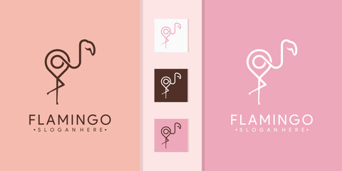 Flamingo logo inspiration with location pin. animal flamingo logo mono line set design template