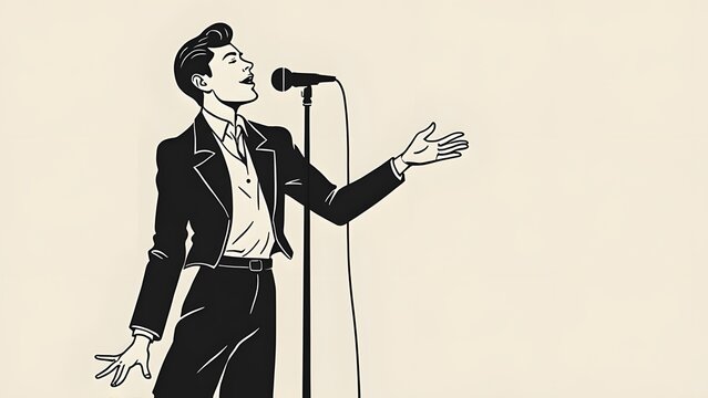 Retro Singer on Stage Performing with Microphone