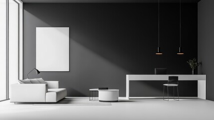 Modern minimalist office space with a sofa, desk, and decorative elements.