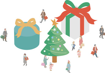 アイソメトリック　クリスマス　サンタクロース　ツリー　ファミリー　キッズ　人物　イラスト素材セット