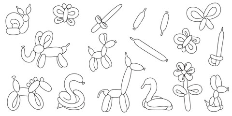 Set of inflatable toys from twisted balloons in doodle style. Design element for greeting card, invitation card, print, flyer, banner. Vector