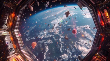 View of Earth from a Spaceship Window with Debris and Lights