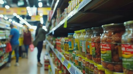Obraz premium Grocery Store Aisle with Jars of Preserves