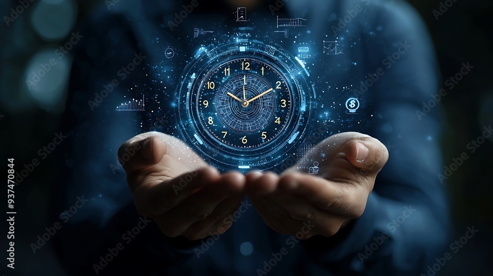 Poster businessman holding futuristic clock with digital interface, representing the intersection of time m