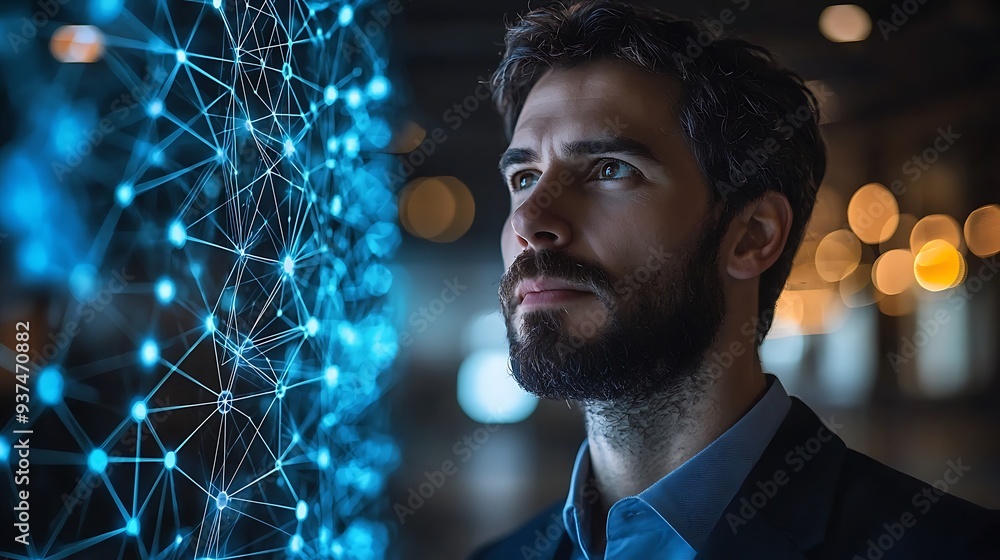 Poster man looking at futuristic technology network, blending human curiosity with the possibilities of dig