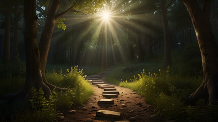 Psalm 119, depicting a path through forest illuminated by a radiant light, symbolizing divine guidance and the pursuit of wisdom