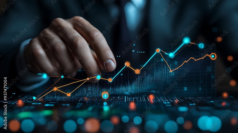 Poster hand interacting with growing graph on digital screen, symbolizing growth, progress, and the power o