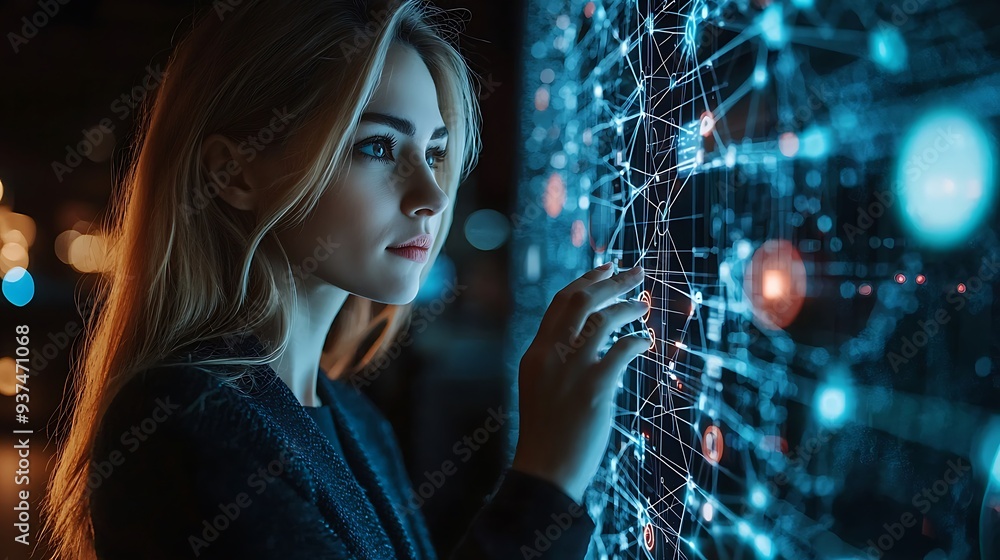 Poster woman interacting with futuristic digital interface, representing the seamless integration of techno