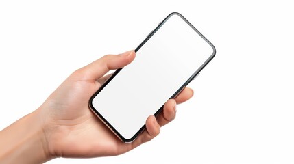 Hand Holding Smartphone with Blank White Screen on White Background