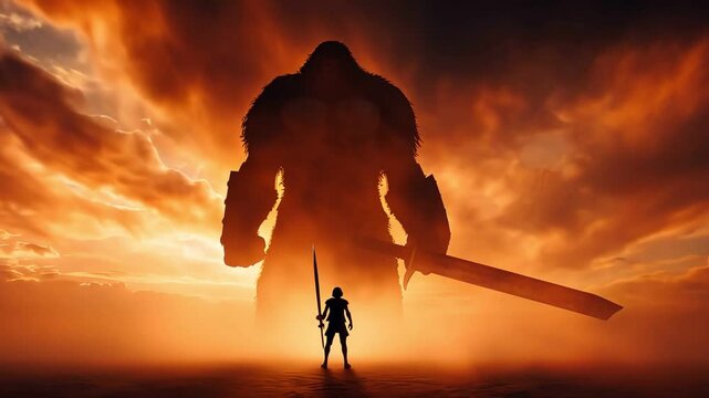 Silhouetted figure facing a giant imposing shadow at sunset