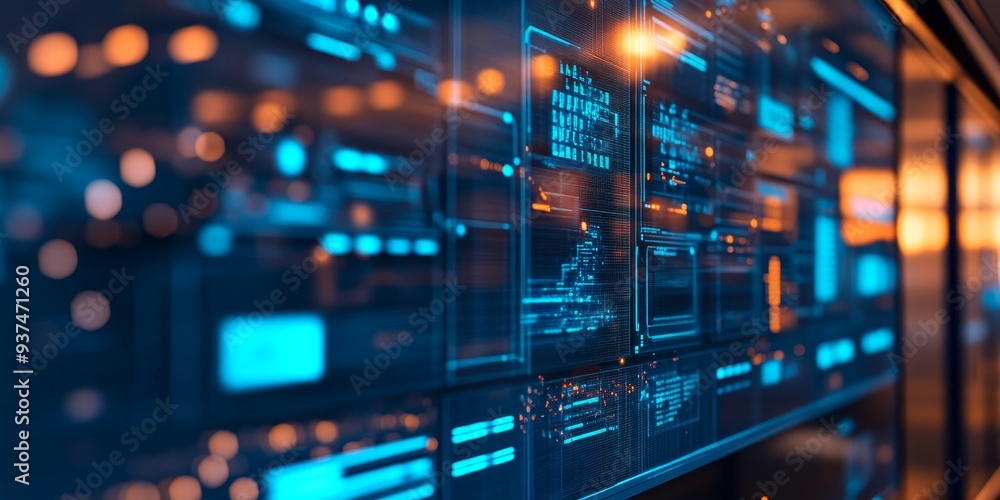 Poster an enterprise networking solution, complex network diagrams on a monitor, optimized for high performance